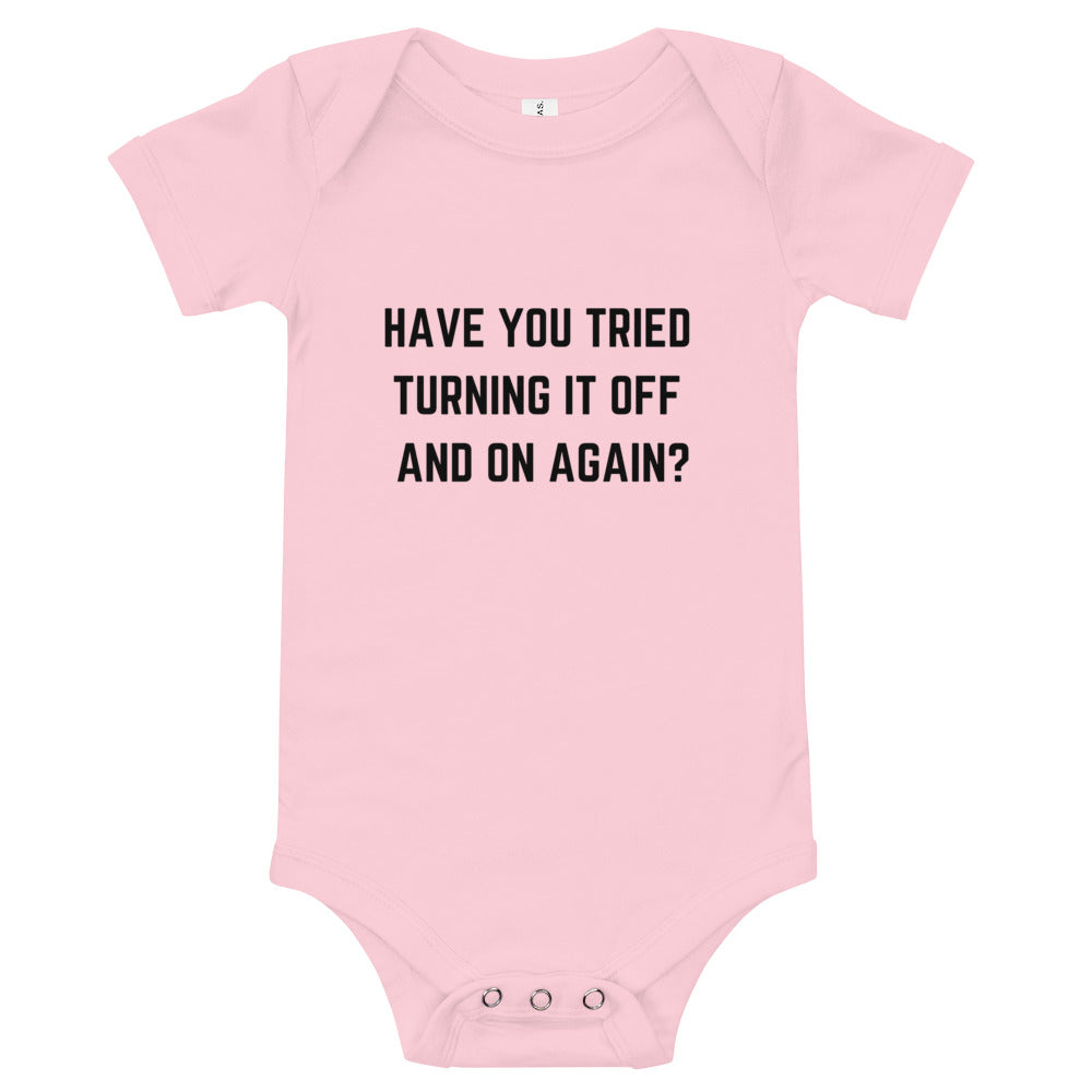 "HAVE YOU TRIED TURNING IT ON AND OFF AGAIN?" Baby Short Sleeve One Piece The Developer Shop
