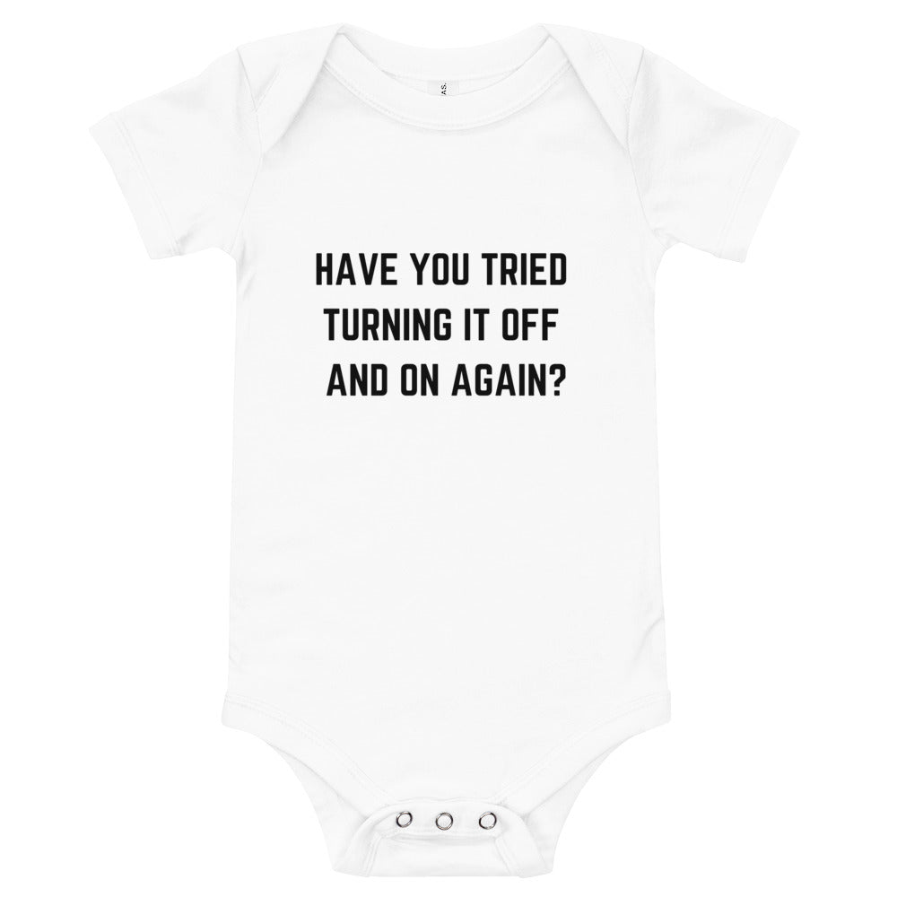 "HAVE YOU TRIED TURNING IT ON AND OFF AGAIN?" Baby Short Sleeve One Piece The Developer Shop