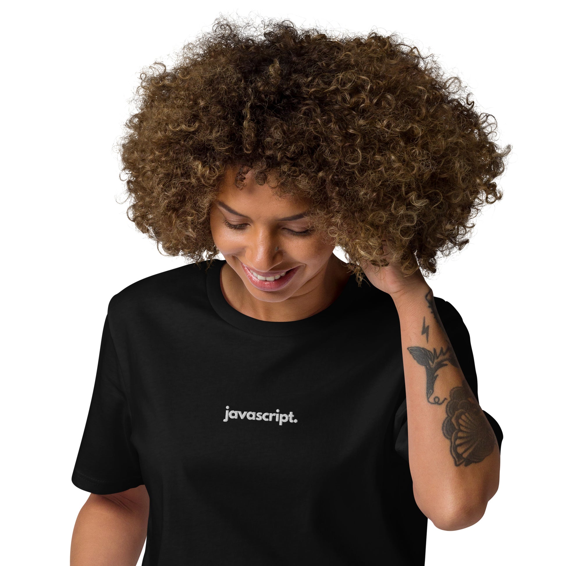 "JAVASCRIPT" Embroidered Unisex organic cotton dark t-shirt The Developer Shop