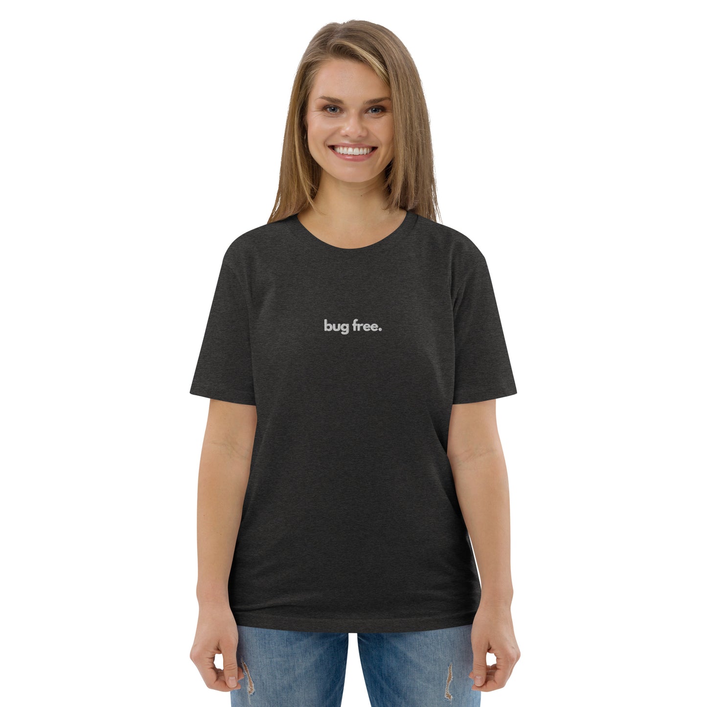 "BUG FREE" Unisex organic cotton dark t-shirt (embroidered) The Developer Shop