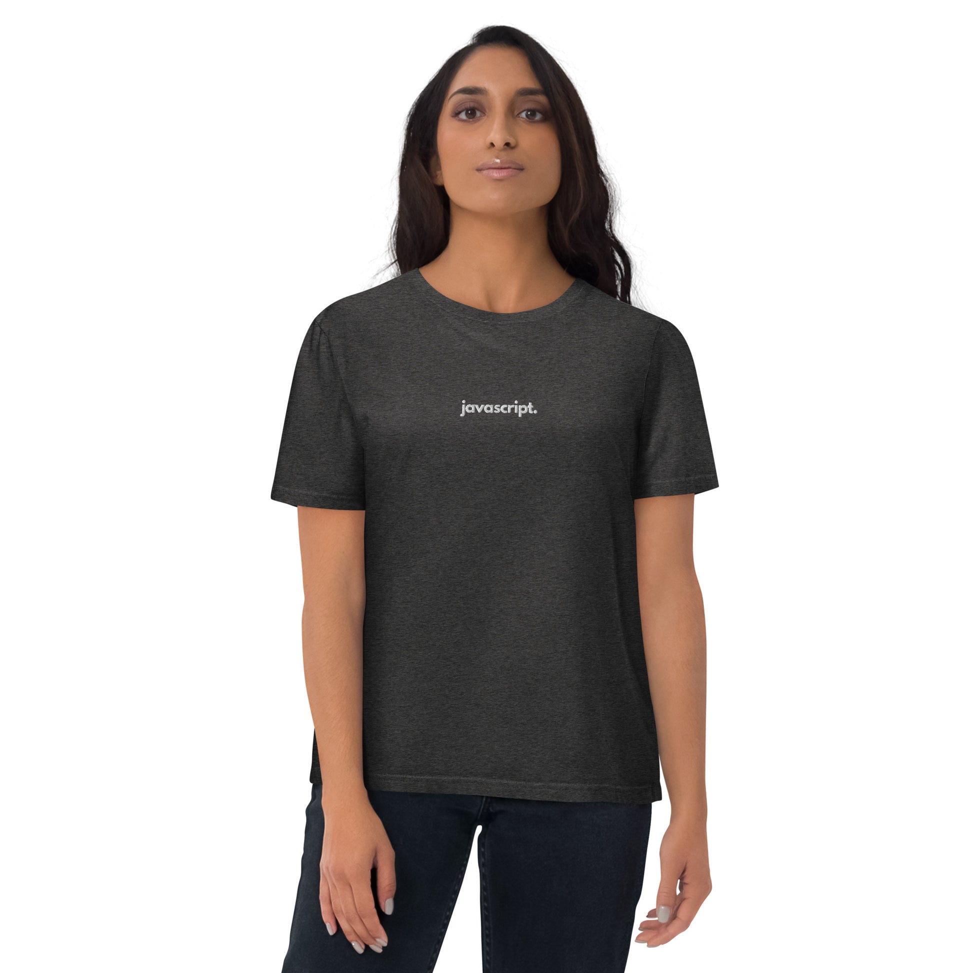 "JAVASCRIPT" Embroidered Unisex organic cotton dark t-shirt The Developer Shop