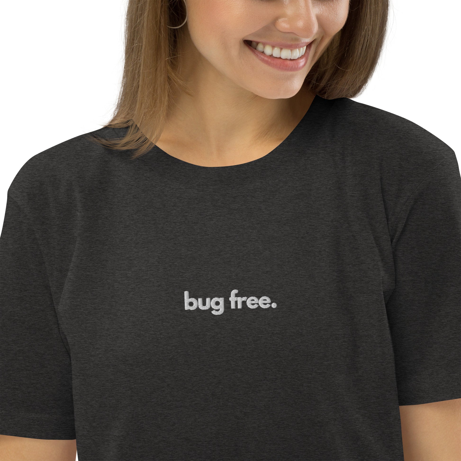 "BUG FREE" Unisex organic cotton dark t-shirt (embroidered) The Developer Shop