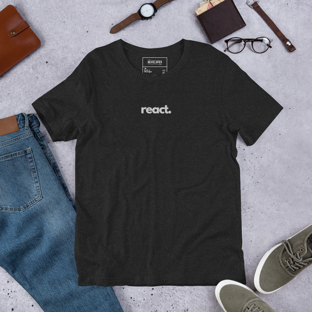 "React" Embroidered Unisex organic cotton dark t-shirt The Developer Shop