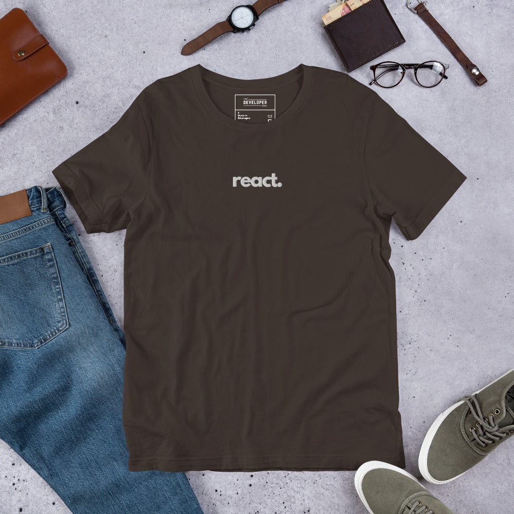 "React" Embroidered Unisex organic cotton dark t-shirt The Developer Shop