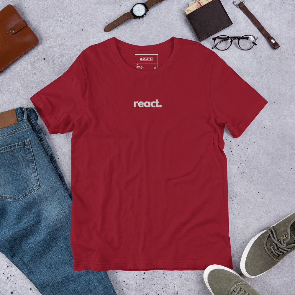 "React" Embroidered Unisex organic cotton dark t-shirt The Developer Shop