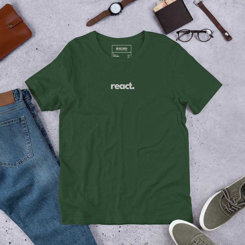 "React" Embroidered Unisex organic cotton dark t-shirt The Developer Shop