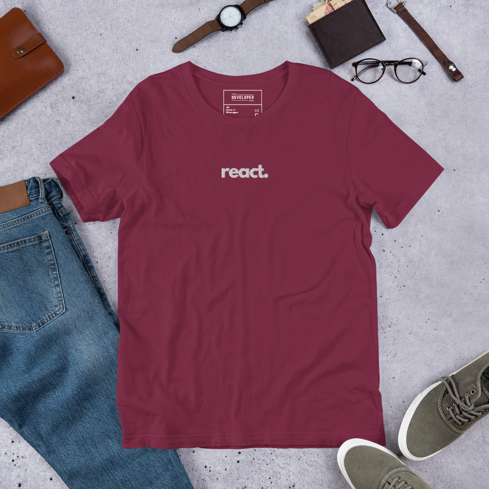 "React" Embroidered Unisex organic cotton dark t-shirt The Developer Shop