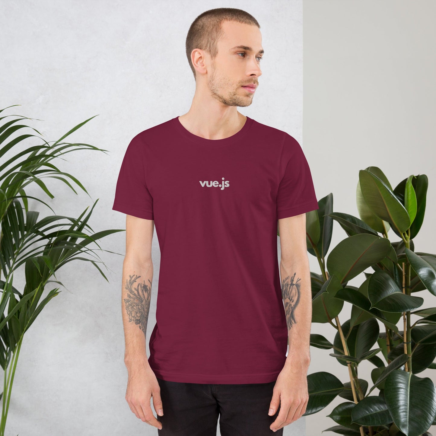"Vue.js" Embroidered Unisex organic cotton dark t-shirt The Developer Shop