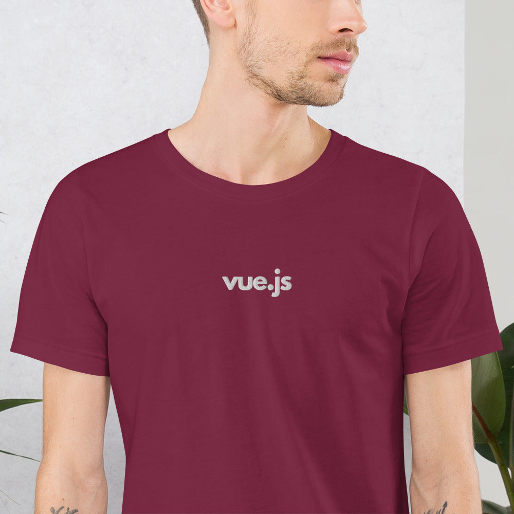"Vue.js" Embroidered Unisex organic cotton dark t-shirt The Developer Shop