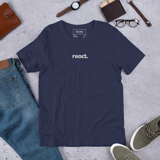 "React" Embroidered Unisex organic cotton dark t-shirt The Developer Shop