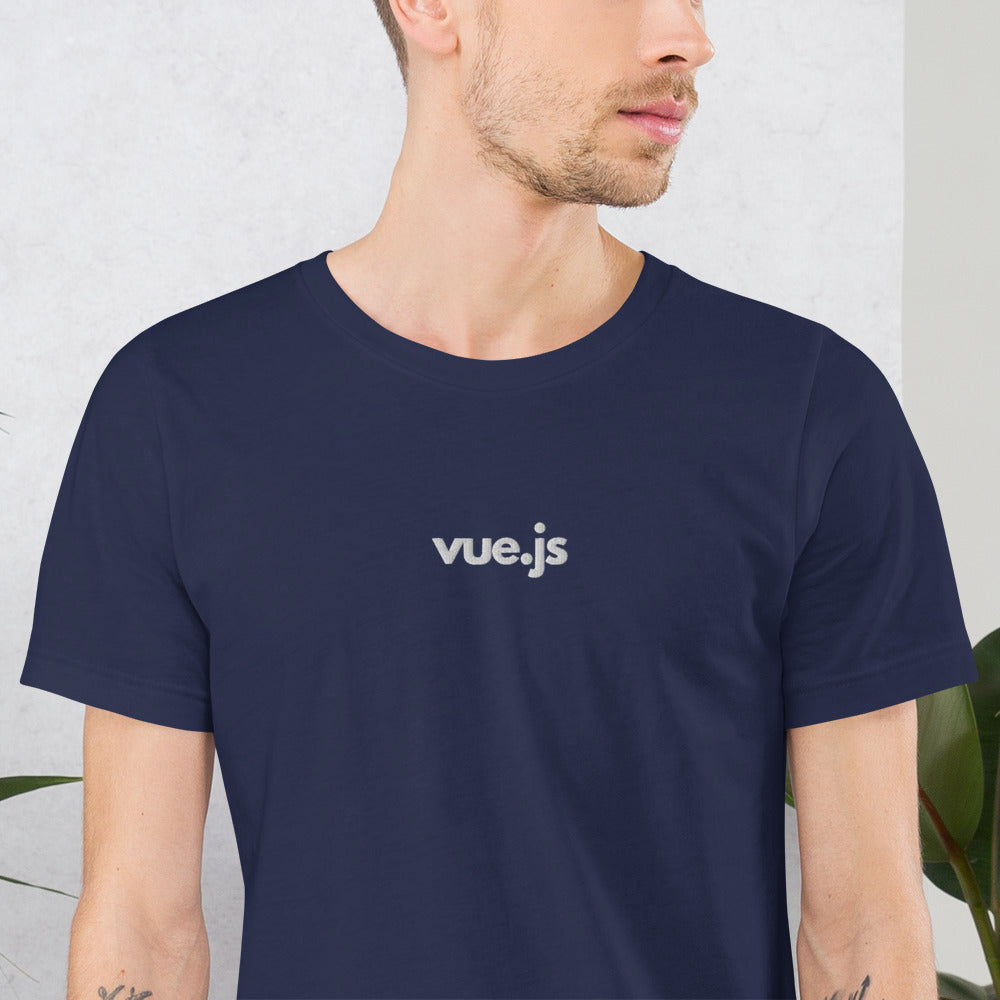 "Vue.js" Embroidered Unisex organic cotton dark t-shirt The Developer Shop