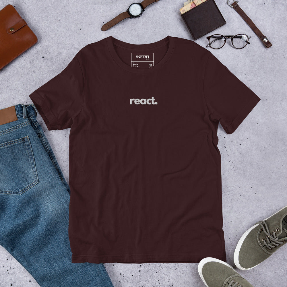 "React" Embroidered Unisex organic cotton dark t-shirt The Developer Shop