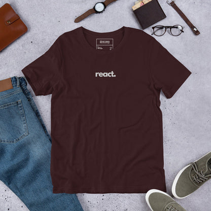 "React" Embroidered Unisex organic cotton dark t-shirt The Developer Shop