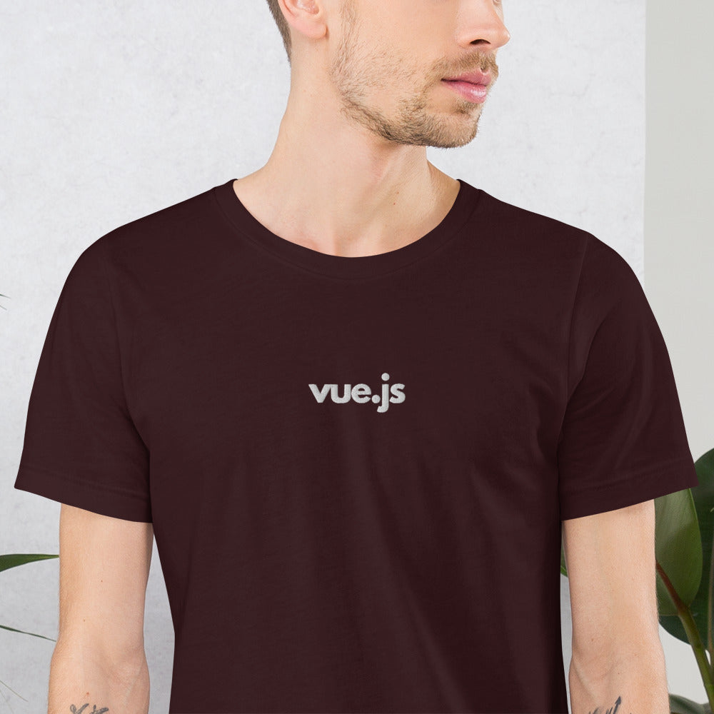 "Vue.js" Embroidered Unisex organic cotton dark t-shirt The Developer Shop