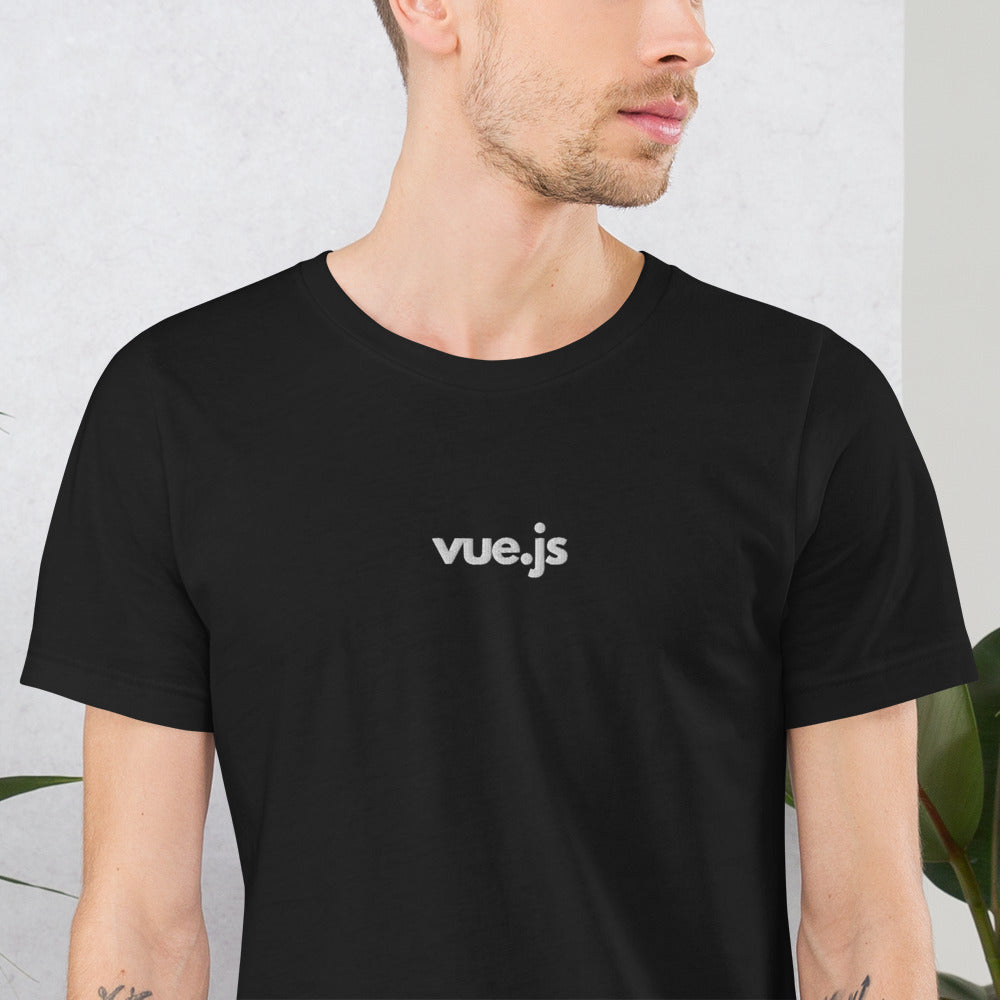 "Vue.js" Embroidered Unisex organic cotton dark t-shirt The Developer Shop